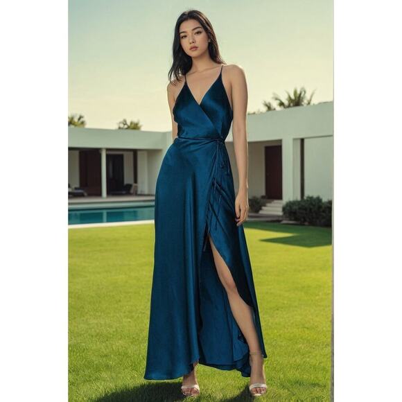 Yumi Kim Rush Hour 100% Silk Maxi Wrap Dress/Gown NWT in Ink Blue Size Small - Picture 9 of 9